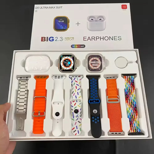 I20 Ultra Max Smart Watch 10-in-1 box set comes with EarBurds