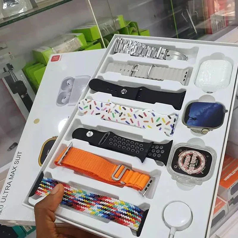 I20 Ultra Max Smart Watch 10-in-1 box set comes with EarBurds